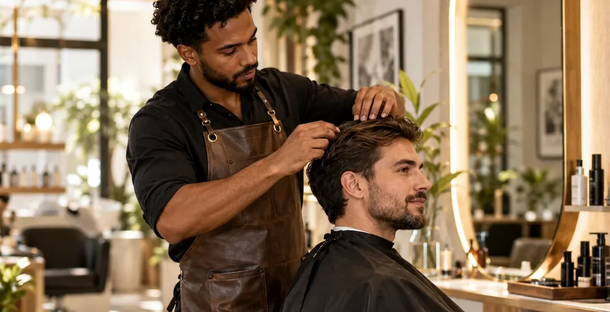 Profesional atendiendo a un cliente en una peluquería elegante