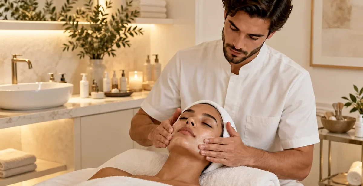 Tratamiento facial en un centro de estética cálido y profesional