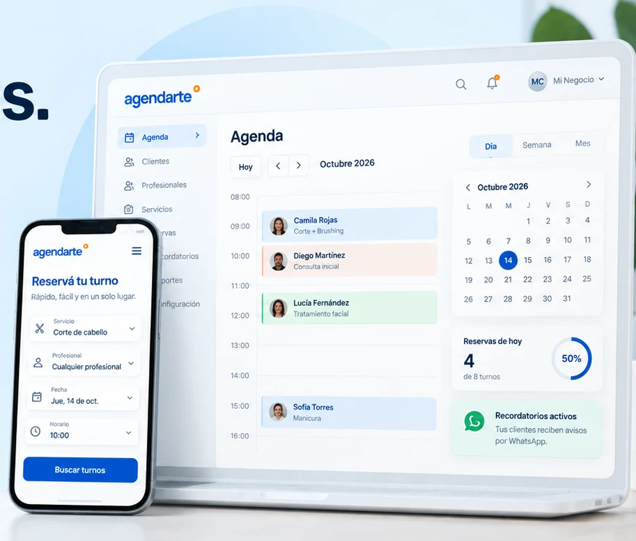 Interfaz de Agendarte: agenda profesional y formulario de reservas en computadora y celular