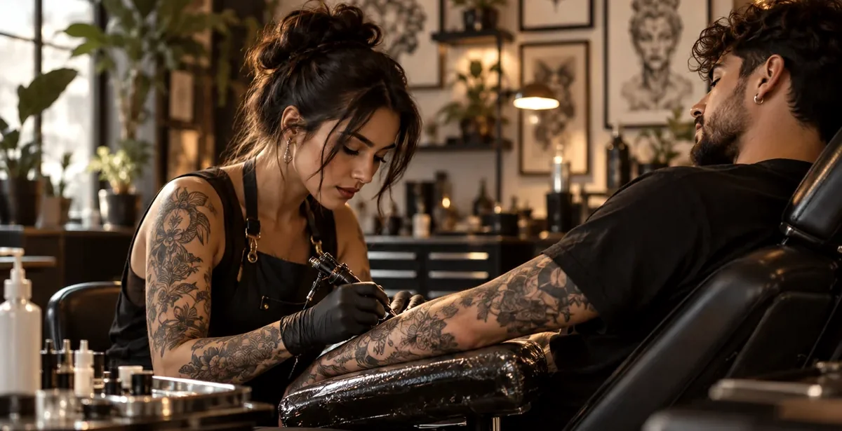 Tatuador trabajando con un cliente en un estudio moderno